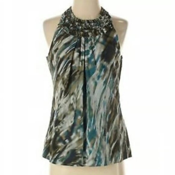ANN TAYLOR Olive Green Teal Abstract Geometric Geo Halter Sleeveless Tank Blouse - Picture 2 of 13
